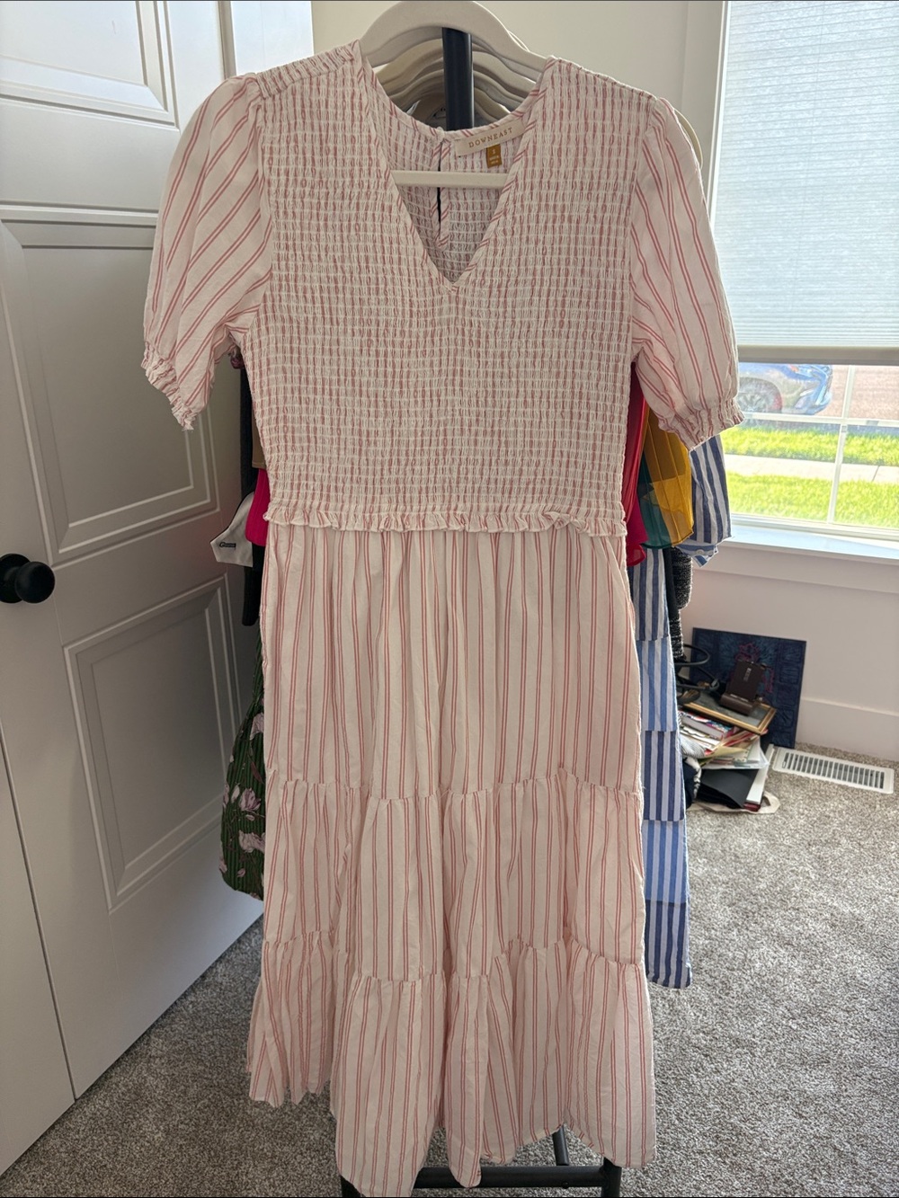 DownEast Pink and White Striped Smocked Midi Dress